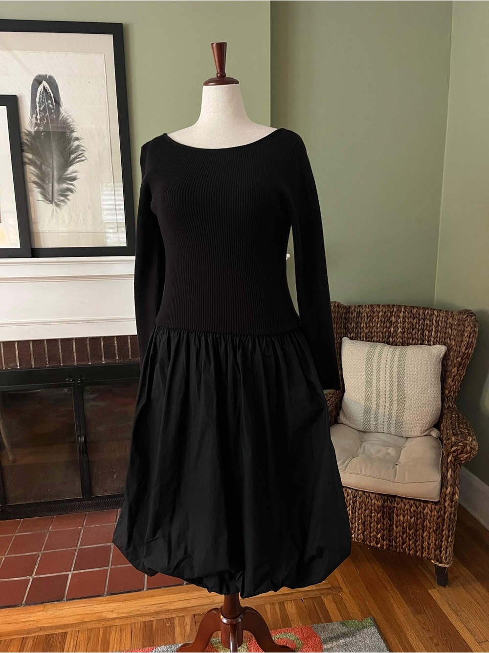 Able Los Angeles Black Drop Waist Mixed Media Bubble Hem Midi Dress — XL Fit